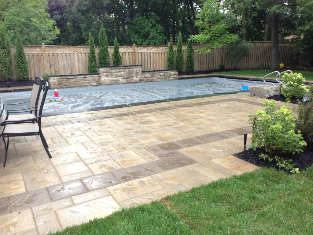 waterfall, Interlocking patio, Retaining Wall, Patio, Coping, Pool landscaping, sodding