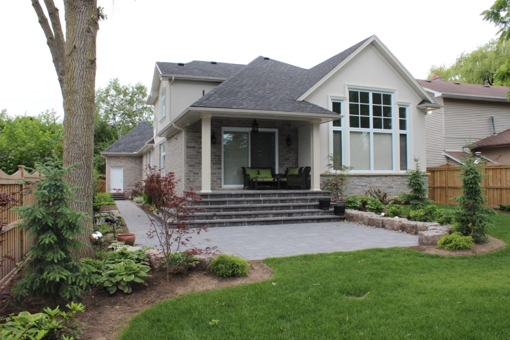 Interlocking Patio, Flagstone Steps, Boulders, Trees, Shrubs, Hedges, Sodding, backyard landscaping