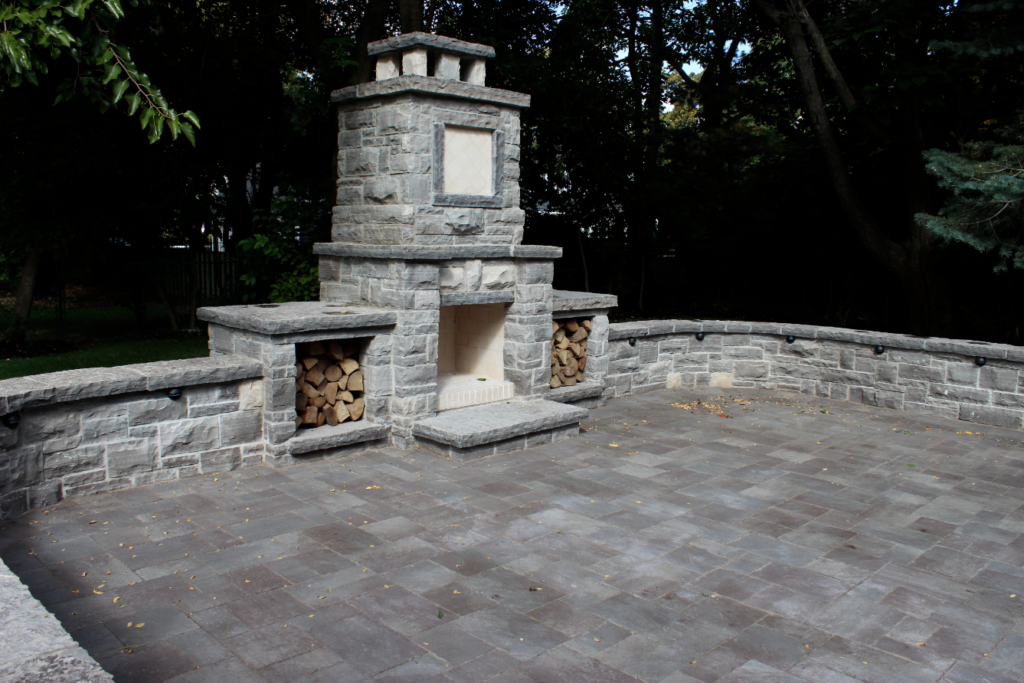 Retaining Wall, Interlocking Patio, Outdoor Fireplace