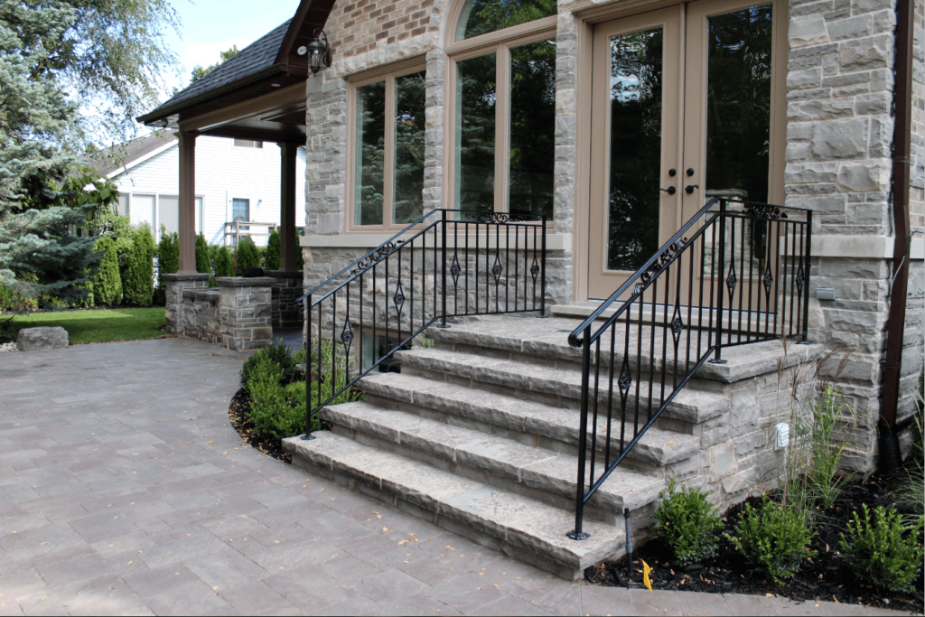 flagstone steps, interlocking patio, shrubs, hedges